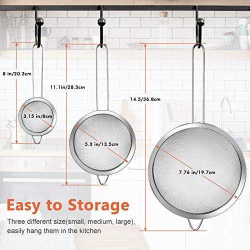 3 Pcs Super Wire Extra Fine Mesh Strainer with Handle Small Medium Large Size Sifter Metal - Image 4