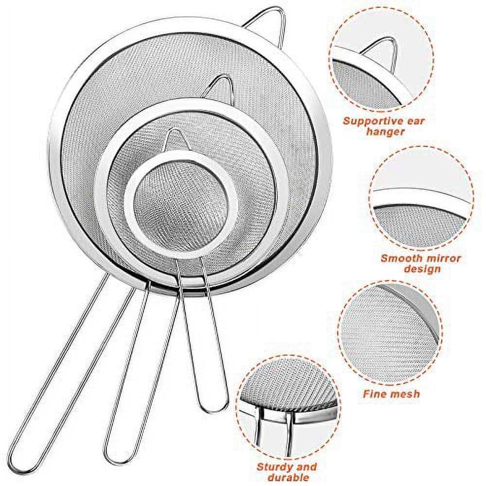 3 Pcs Super Wire Extra Fine Mesh Strainer with Handle Small Medium Large Size Sifter Metal - Image 5