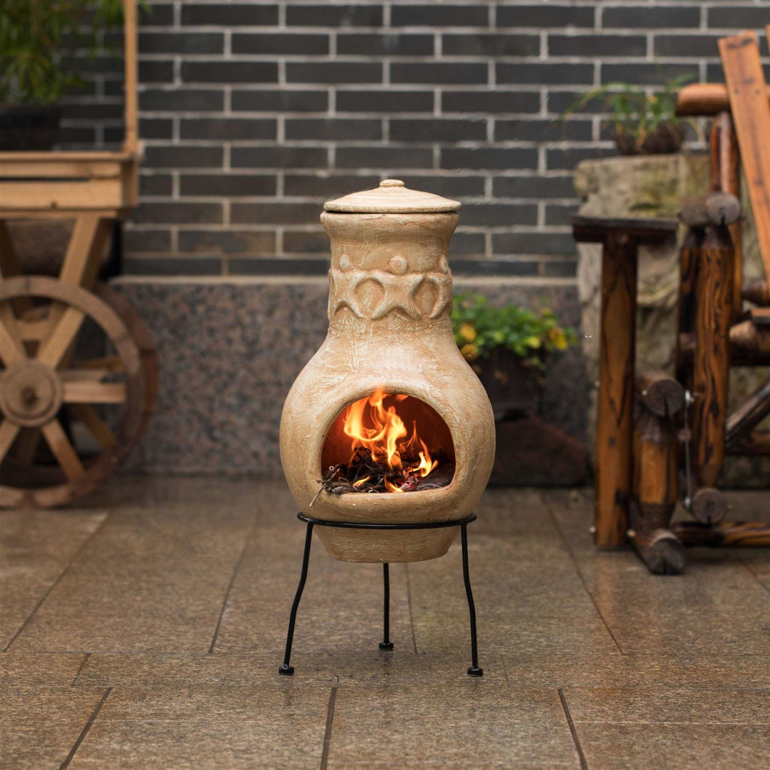 Beige Outdoor Clay Chiminea Outdoor Fireplace Maya Design Charcoal Burning Fire Pit with Sturdy Metal Stand Vintiquewise - Image 3