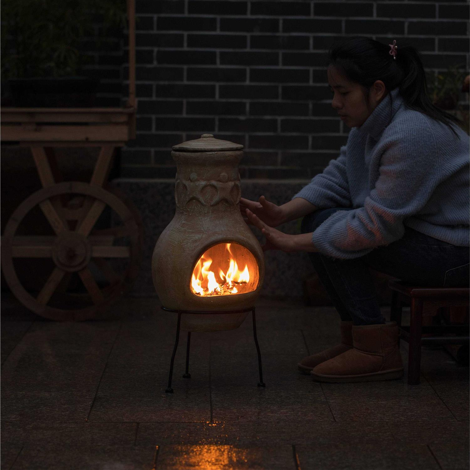 Beige Outdoor Clay Chiminea Outdoor Fireplace Maya Design Charcoal Burning Fire Pit with Sturdy Metal Stand Vintiquewise - Image 4