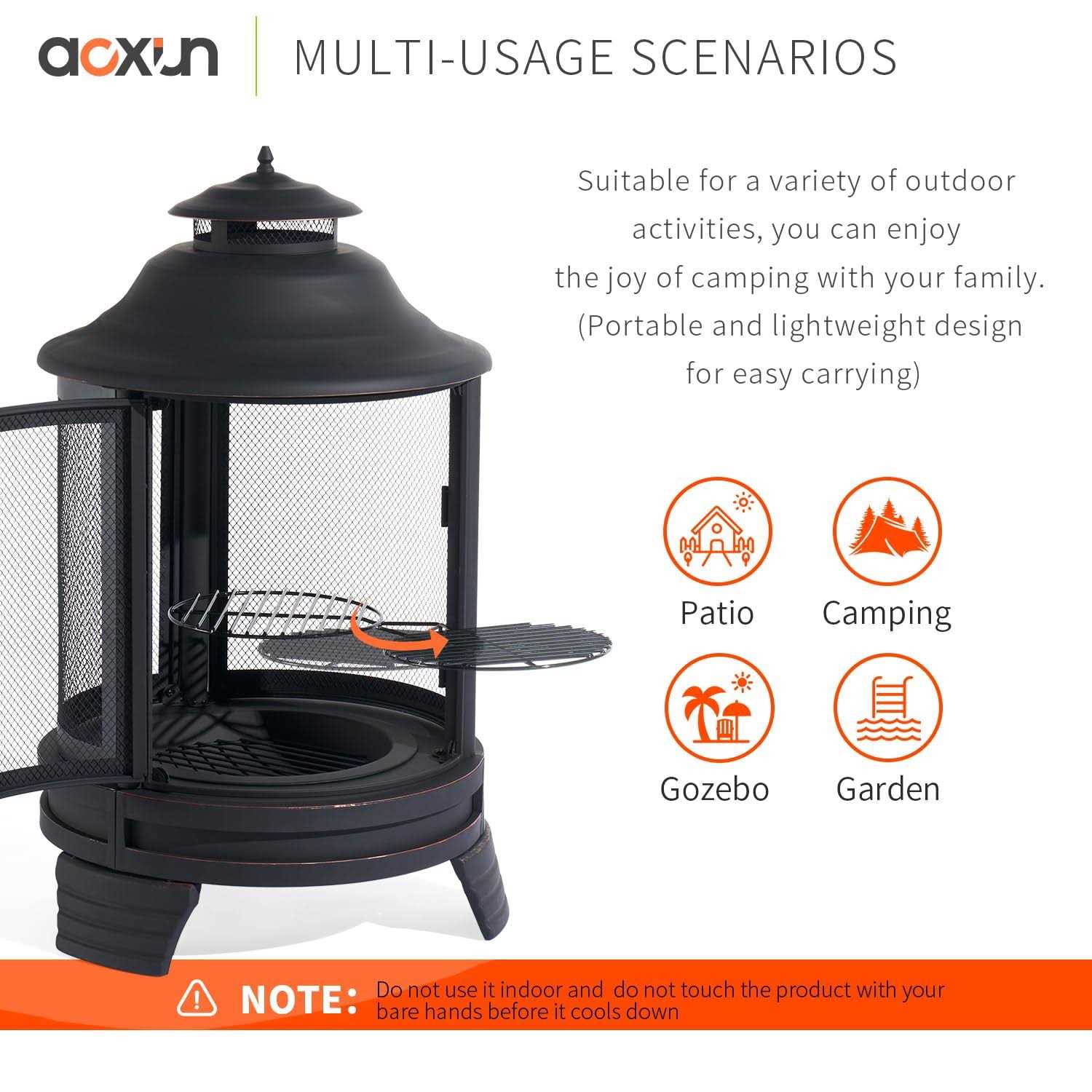 Aoxun Chiminea Fire Pit with Grill for Outdoor, 2 in 1 Fire Pit with Removable Grate, and Mesh Spark Screen Doors - Image 3