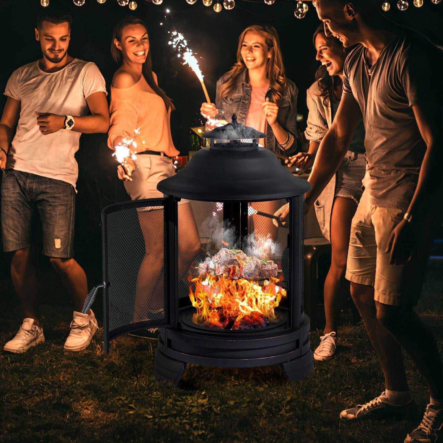 Aoxun Chiminea Fire Pit with Grill for Outdoor, 2 in 1 Fire Pit with Removable Grate, and Mesh Spark Screen Doors - Image 4