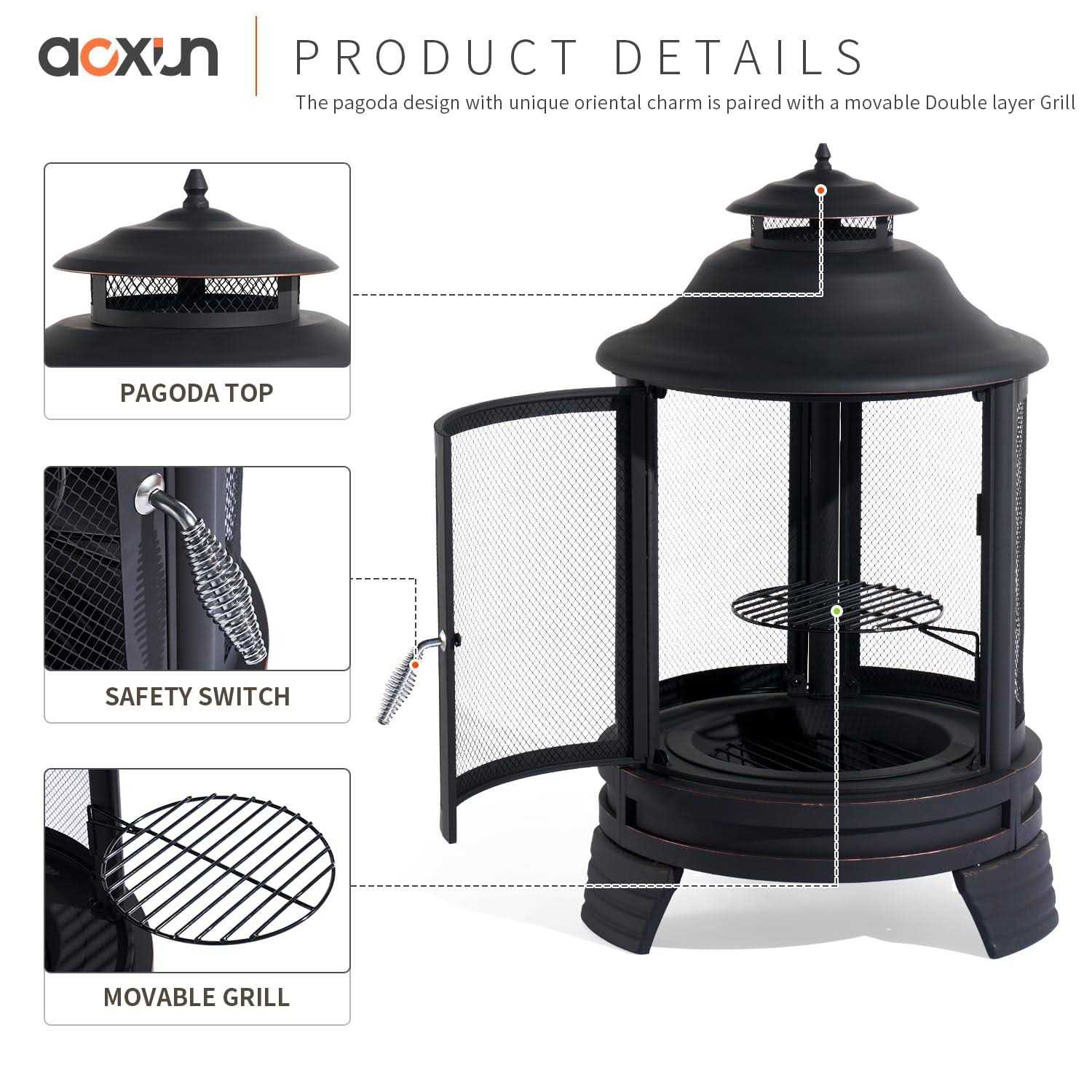 Aoxun Chiminea Fire Pit with Grill for Outdoor, 2 in 1 Fire Pit with Removable Grate, and Mesh Spark Screen Doors - Image 5