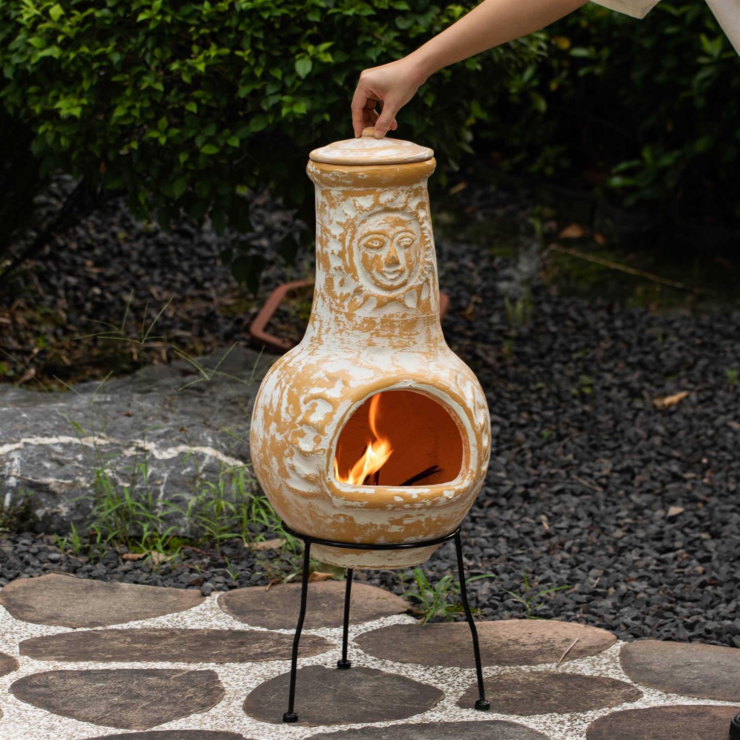Vintiquewise Outdoor Clay Chiminea Fireplace Sun Design Wood Burning Fire Pit with Sturdy Metal Stand - Image 4