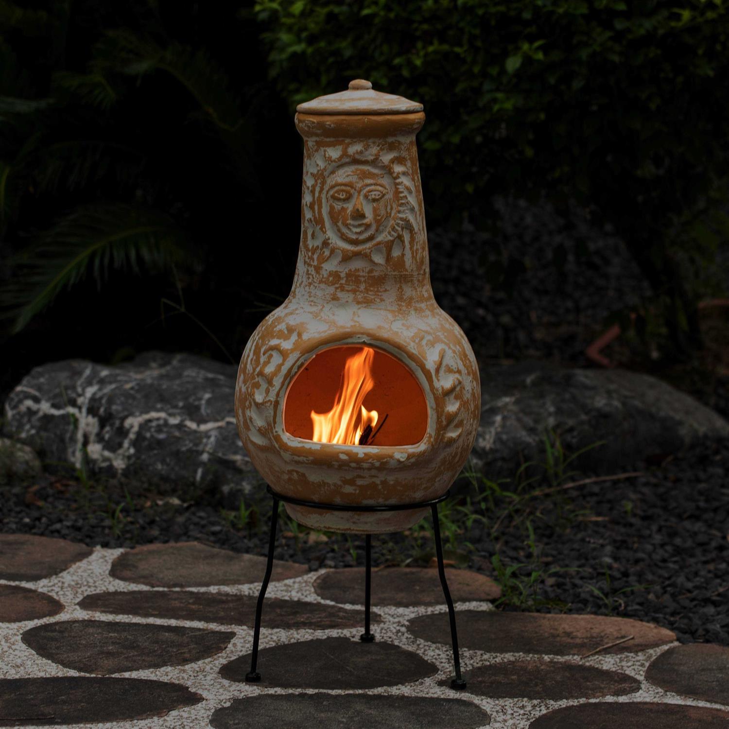 Vintiquewise Outdoor Clay Chiminea Fireplace Sun Design Wood Burning Fire Pit with Sturdy Metal Stand - Image 5