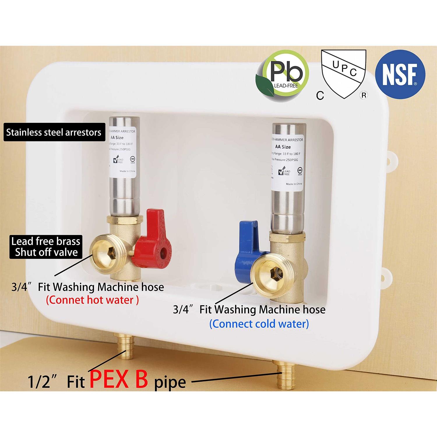 Whk Washing Machine Outlet Box,Pex Laundry Box Washer Wall Box With Drain Recessed Water Valve Box Center Double Drain 1/2-inch Crimp Pex B,PVC - Image 4