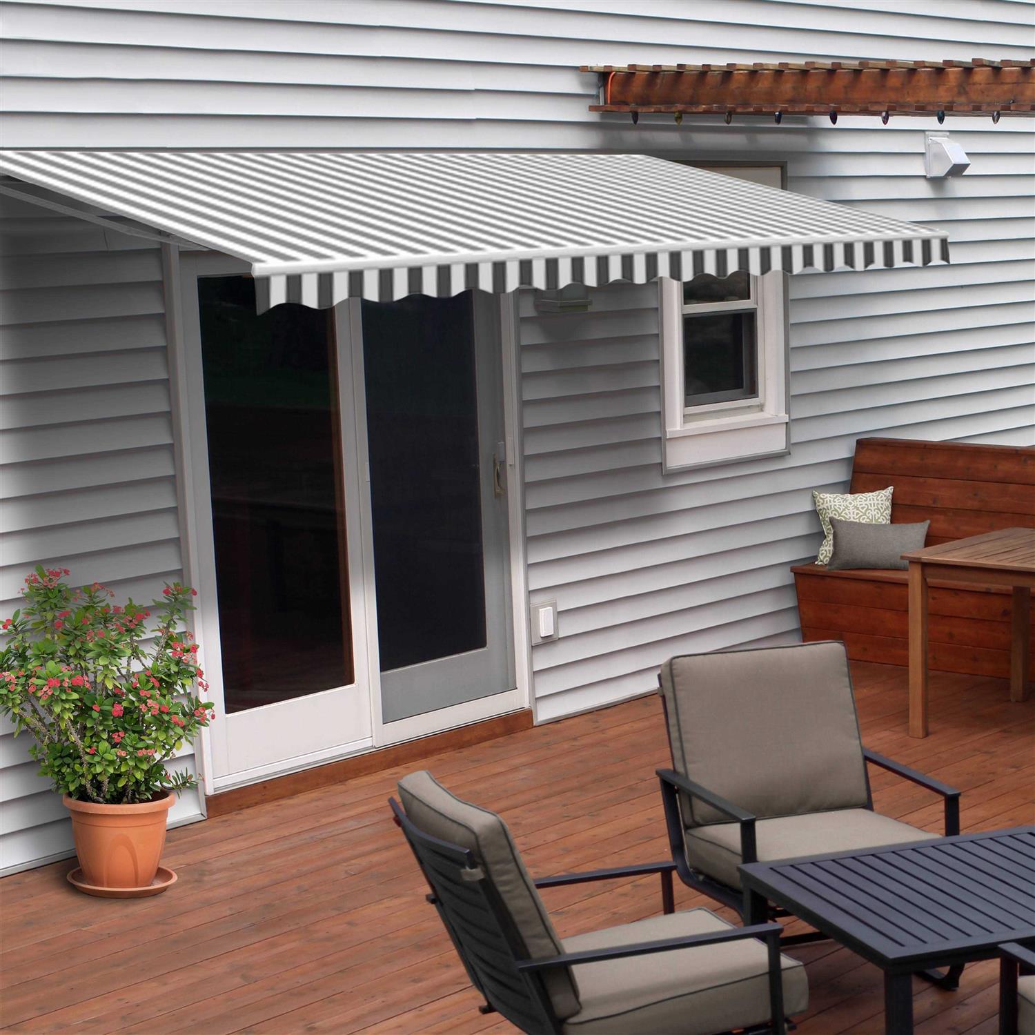 Aleko 10'x8' Retractable Patio Awning Grey and White Striped - Image 5